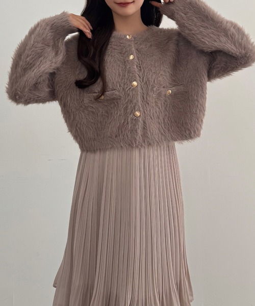 セール】(薄手)金ボタンシャギーニットカーディガン＋プリーツスカート