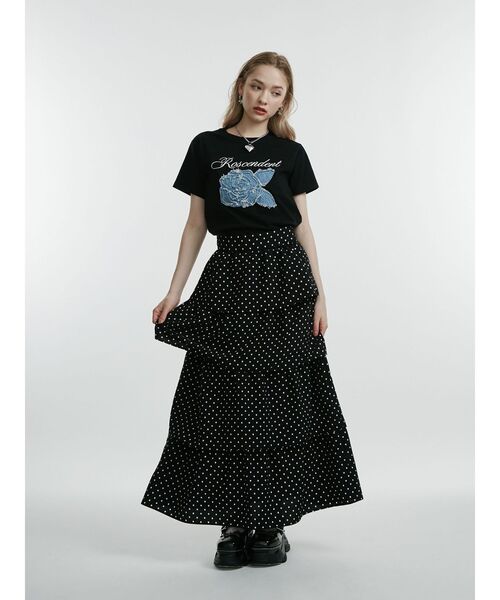 大人気完売！ネイビー ドット柄 ティアードロングスカート パターンティアードロングスカート ドット柄 レオパード