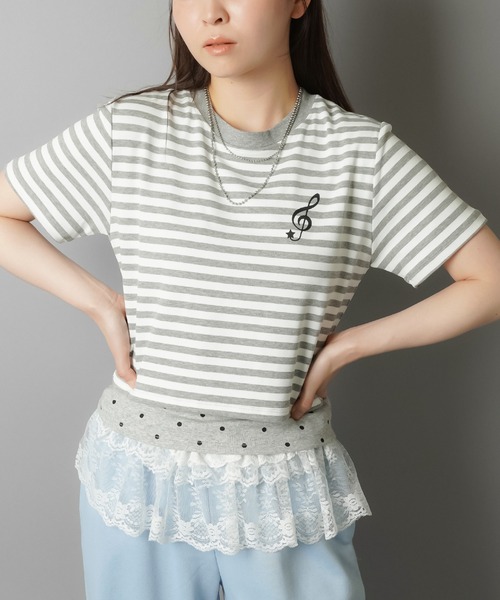 ♪00s ウィッシュコア バレエコア ボーダー 金ボタン レイヤード風カットソー セール】半袖レイヤードTシャツ/ボーダードット/ウィッシュコア