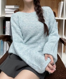 クルーネック メランジ ボリュームスリーブ ニット