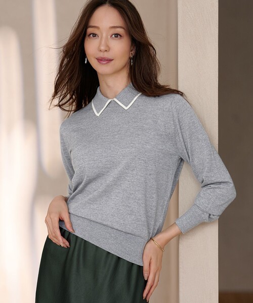 23区 L（ニジュウサンクオオキイサイズ）の「【洗える】ウーステッドウール ポロニット（ニット/セーター・レディース・ブラック系/ライトグレー系/ネイビー系・48/44/46）」の3枚目の写真