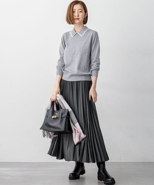 23区 L（ニジュウサンクオオキイサイズ）の「【洗える】ウーステッドウール ポロニット（ニット/セーター・レディース・ブラック系/ライトグレー系/ネイビー系・48/44/46）」の7枚目の写真