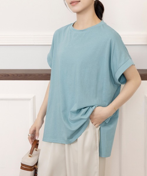 ONEP STAR（ワンピスター）の「サイドスリットラウンドネックカットソー（Tシャツ/カットソー・レディース・アイボリー/ブルー系その他/ブラック/チャコールグレー・MEDIUM）」の4枚目の写真