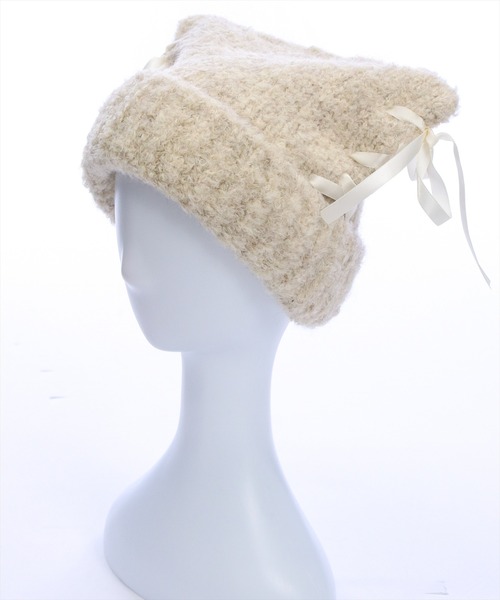 clear（クリア）の「猫耳リボンニット帽[着回し力抜群 ガーリー]≪AW新作≫（ニットキャップ/ビーニー・レディース・アイボリー/ベージュ/ブルー系その他・F）」の2枚目の写真