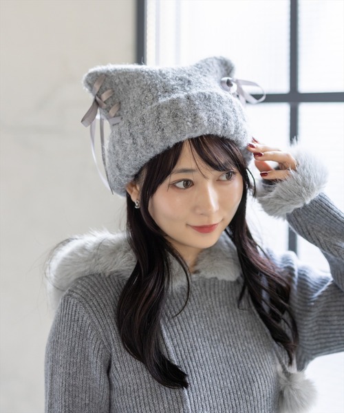clear（クリア）の「猫耳リボンニット帽[着回し力抜群 ガーリー]≪AW新作≫（ニットキャップ/ビーニー・レディース・アイボリー/ベージュ/ブルー系その他・F）」の13枚目の写真