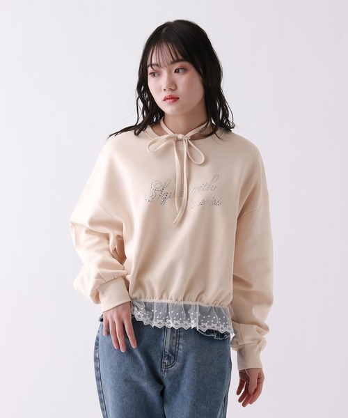 repipi armario（レピピ アルマリオ）の「【girly line】【裏起毛】トキメキリボンタイトップス（スウェット・キッズ・アイボリー/ブラック/グレー・MEDIUM/LARGE/SMALL）」の2枚目の写真