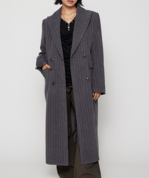 LAGUA GEM（ラグアジェム）の「STRIPE DOUBLE ロングコート（チェスターコート・レディース・グレー/ブラック・FREE）」の2枚目の写真