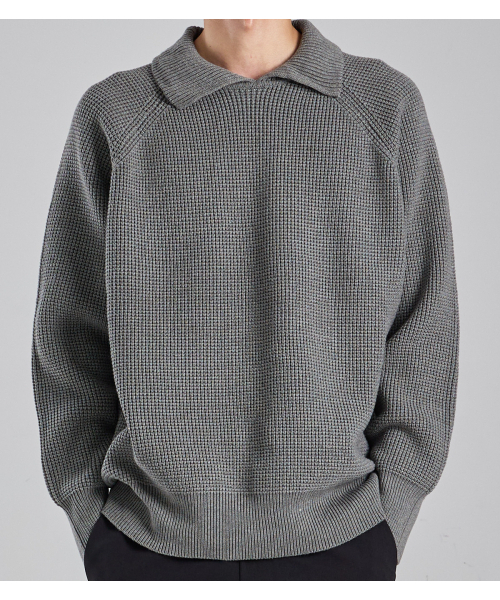 BUTTON SEOUL（ボタンソウル）の「ウールブレンドヘビーオープンカラーニット（グレー）（ニット/セーター・メンズ・その他・LARGE/X-LARGE/MEDIUM）」の2枚目の写真