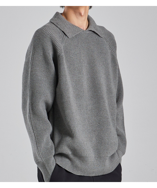 BUTTON SEOUL（ボタンソウル）の「ウールブレンドヘビーオープンカラーニット（グレー）（ニット/セーター・メンズ・その他・LARGE/X-LARGE/MEDIUM）」の3枚目の写真
