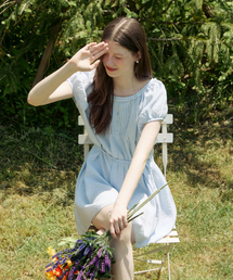 Front pintuck vintage lace mini dress - blue