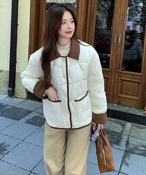 セール】配色パイピング 中綿キルティングジャケット（ダウン