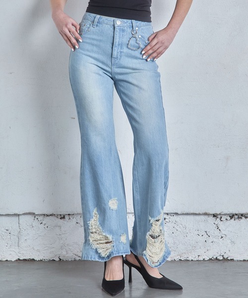 Heart Tattoo(ハートタトゥー)の「damage flare denim / ダメージフレアデニム(デニムパンツ・レディース・ブルー系/ブラック系・1/0)」の2枚目の写真