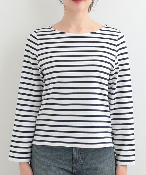 SHOO・LA・RUE(シューラルー)の「【S-LL/洗濯機可】着こなしいろいろ 首元すっきりボートネック ボーダーロンT(Tシャツ/カットソー・レディース・ライトグレー系2/ピンク系その他/ネイビー系2/グリーン系その他4・04/03/02/01)」の12枚目の写真