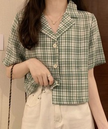 【26年春夏新作】チェック柄オープンカラークロップドシャツ