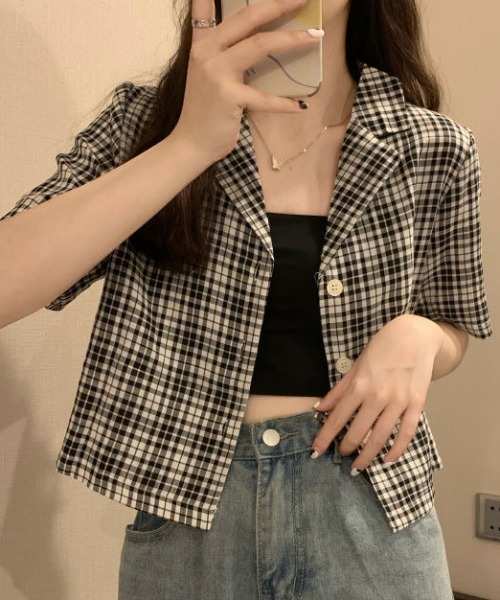 〔26 сезон〕 Check柄 open collar cropped shirt