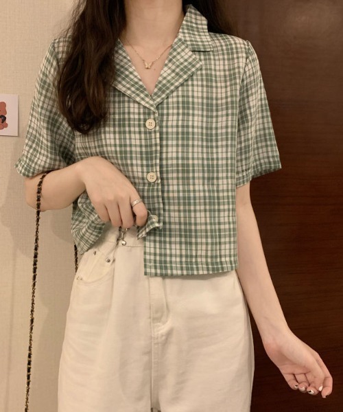 SHEPP(シープ)の「【26年春夏新作】チェック柄オープンカラークロップドシャツ(シャツ/ブラウス・レディース・ブラック/グリーン/レッド・L/M)」の14枚目の写真