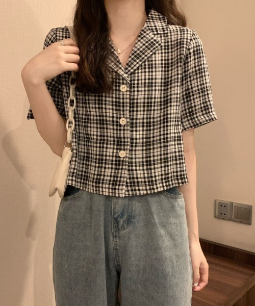 SHEPP(シープ)の「【26年春夏新作】チェック柄オープンカラークロップドシャツ(シャツ/ブラウス・レディース・ブラック/グリーン/レッド・L/M)」の9枚目の写真
