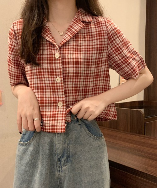 SHEPP(シープ)の「【26年春夏新作】チェック柄オープンカラークロップドシャツ(シャツ/ブラウス・レディース・ブラック/グリーン/レッド・L/M)」の7枚目の写真