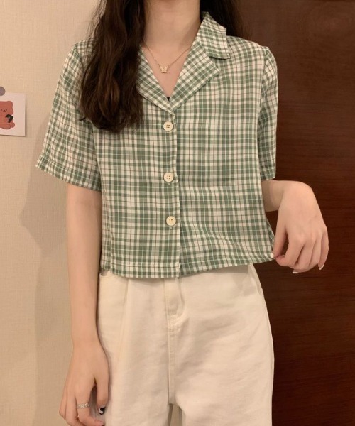 SHEPP(シープ)の「【26年春夏新作】チェック柄オープンカラークロップドシャツ(シャツ/ブラウス・レディース・ブラック/グリーン/レッド・L/M)」の16枚目の写真