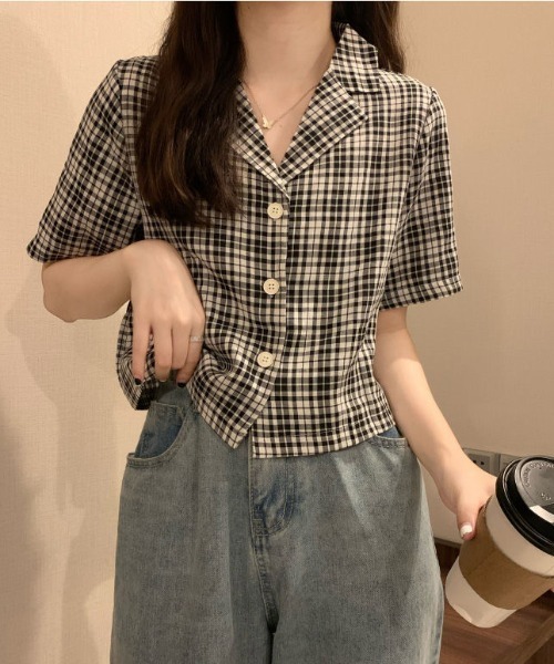 SHEPP(シープ)の「【26年春夏新作】チェック柄オープンカラークロップドシャツ(シャツ/ブラウス・レディース・ブラック/グリーン/レッド・L/M)」の10枚目の写真