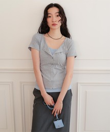 アイレットジャガードレイヤード風半袖トップス