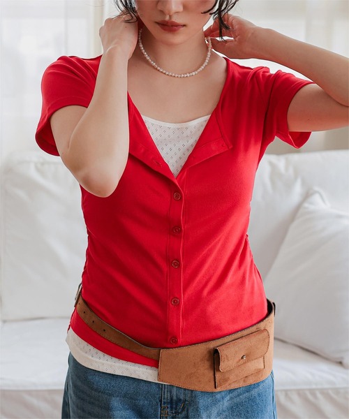 miette(ミエット)の「アイレットジャガードレイヤード風半袖トップス(Tシャツ/カットソー・レディース・レッド/ブラウン/ネイビー/グレー/ブラック・S/L/M)」の5枚目の写真
