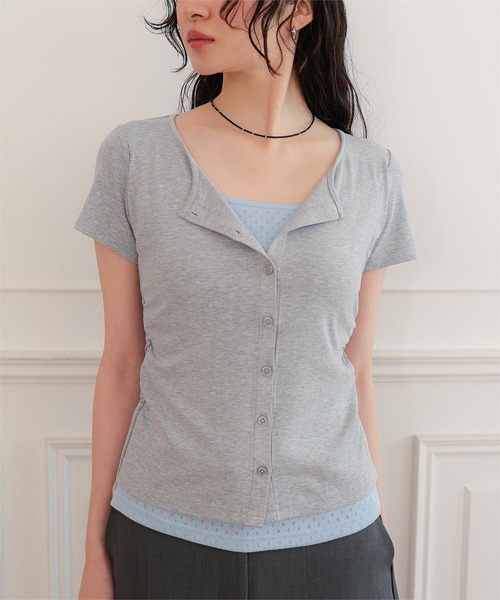 miette(ミエット)の「アイレットジャガードレイヤード風半袖トップス(Tシャツ/カットソー・レディース・レッド/ブラウン/ネイビー/グレー/ブラック・S/L/M)」の11枚目の写真