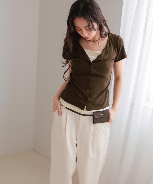 miette(ミエット)の「アイレットジャガードレイヤード風半袖トップス(Tシャツ/カットソー・レディース・レッド/ブラウン/ネイビー/グレー/ブラック・S/L/M)」の18枚目の写真