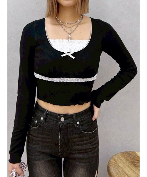 EVRIS(エヴリス)の「レイヤードデザインフリルカットソートップス 春服(Tシャツ/カットソー・レディース・ブラック/その他1/グレー・FREE)」の2枚目の写真