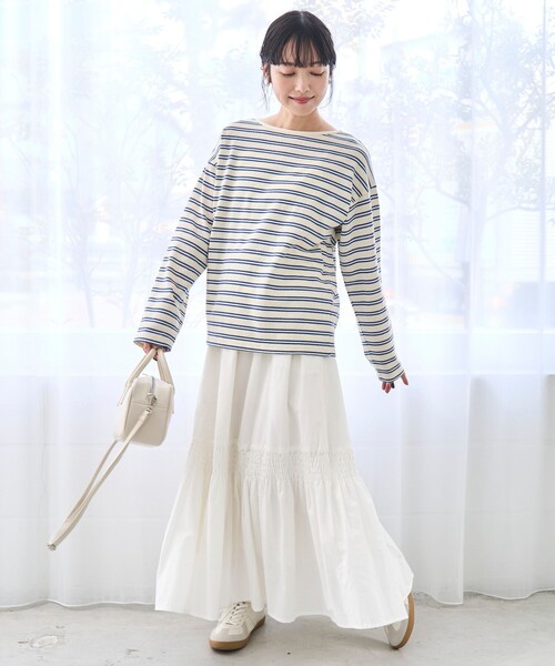 coen（コーエン）の「ブークレ ボーダーボートネックトップス【インフルエンサー紹介アイテム】（Tシャツ/カットソー・レディース・ナチュラル/オフホワイト・L/M）」の3枚目の写真