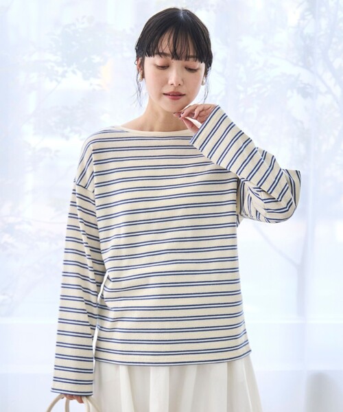coen（コーエン）の「ブークレ ボーダーボートネックトップス【インフルエンサー紹介アイテム】（Tシャツ/カットソー・レディース・ナチュラル/オフホワイト・L/M）」の5枚目の写真