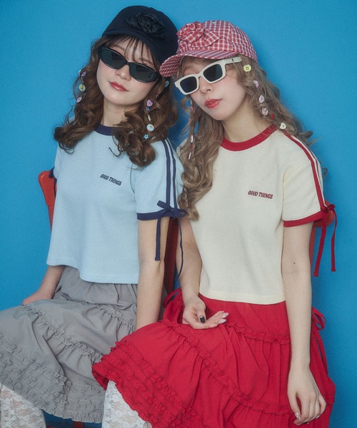 WC(ダブル シー)の「リボンポイント2ラインワッフルT(Tシャツ/カットソー・レディース・サックスブルー/アイボリー/ブラック・FREE)」の2枚目の写真