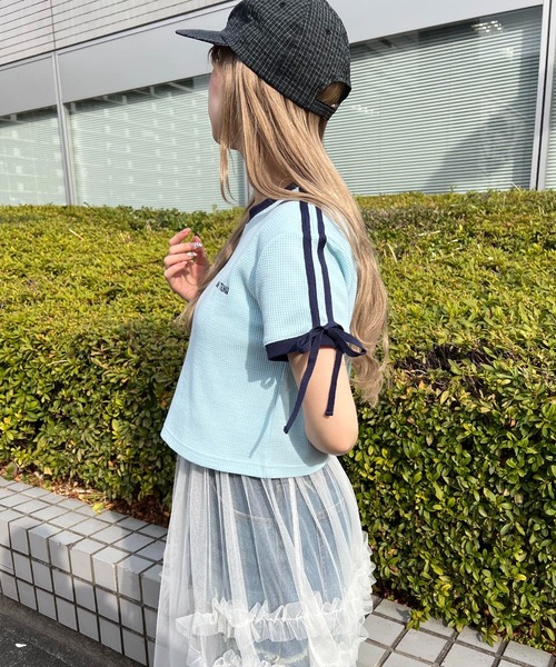 WC(ダブル シー)の「リボンポイント2ラインワッフルT(Tシャツ/カットソー・レディース・サックスブルー/アイボリー/ブラック・FREE)」の19枚目の写真