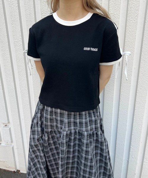 WC(ダブル シー)の「リボンポイント2ラインワッフルT(Tシャツ/カットソー・レディース・サックスブルー/アイボリー/ブラック・FREE)」の11枚目の写真