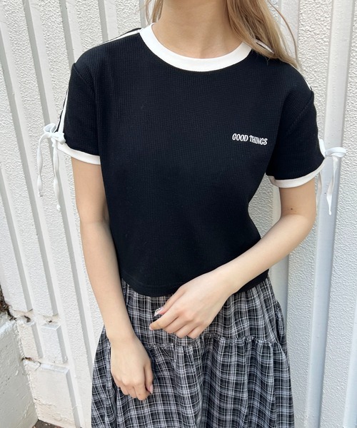WC(ダブル シー)の「リボンポイント2ラインワッフルT(Tシャツ/カットソー・レディース・サックスブルー/アイボリー/ブラック・FREE)」の12枚目の写真