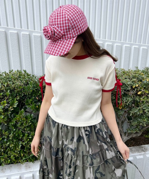 WC(ダブル シー)の「リボンポイント2ラインワッフルT(Tシャツ/カットソー・レディース・サックスブルー/アイボリー/ブラック・FREE)」の6枚目の写真