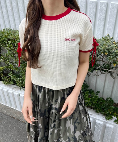 WC(ダブル シー)の「リボンポイント2ラインワッフルT(Tシャツ/カットソー・レディース・サックスブルー/アイボリー/ブラック・FREE)」の5枚目の写真