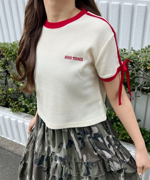 WC(ダブル シー)の「リボンポイント2ラインワッフルT(Tシャツ/カットソー・レディース・サックスブルー/アイボリー/ブラック・FREE)」の4枚目の写真