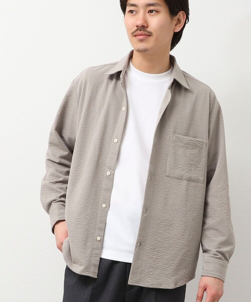 NOLLEY'S LIGHT（ノーリーズライト）の「サッカーニット　レギュラーカラーシャツブルゾン（シャツ/ブラウス・メンズ・ネイビー/グレイッシュベージュ/グレイッシュブルー・M/L）」の2枚目の写真