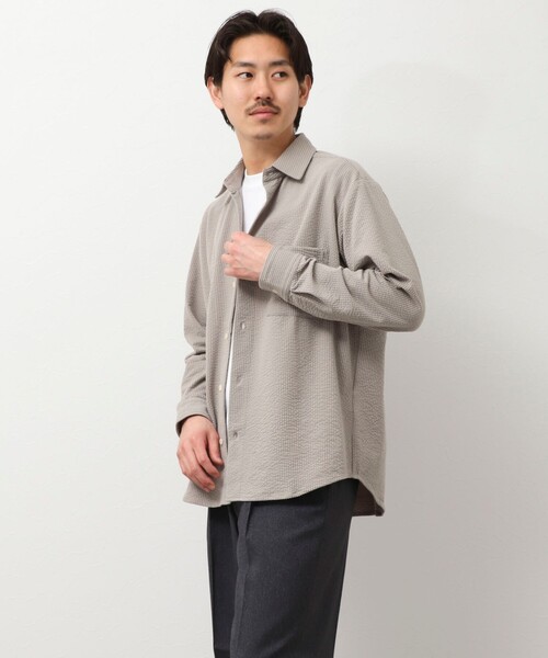 NOLLEY'S LIGHT（ノーリーズライト）の「サッカーニット　レギュラーカラーシャツブルゾン（シャツ/ブラウス・メンズ・ネイビー/グレイッシュベージュ/グレイッシュブルー・M/L）」の5枚目の写真