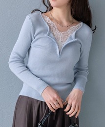 Rejoule（リジュール）の「フェイクレイヤード レース切り替え ハーフジップトップス（Tシャツ/カットソー）」