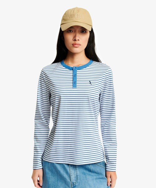 AIGLE(エーグル)の「UVカット ピマコットン マリニエール ボーダー ヘンリーネックカットソー 長袖Tシャツ(Tシャツ/カットソー・レディース・ホワイト×ブルー/ダークネイビー・L/M/S)」の6枚目の写真