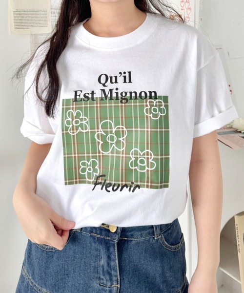 SOLLON.(ソルロン)の「チェックボックスロゴプリント半袖Tシャツ(Tシャツ/カットソー・レディース・ブルー/ブラック/グリーン/ピンク・FREE)」の1枚目の写真