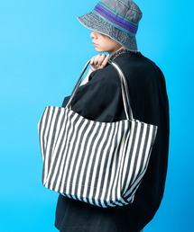 an meets zakka ストライプ柄ヘリンボーン織りコットンキャンバスビッグトートバッグ