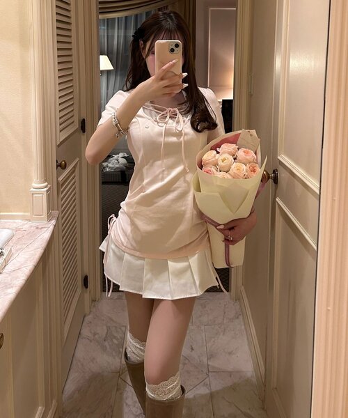 OLIVE des OLIVE（オリーブデオリーブ）の「【インフルエンサー企画/スタイル盛れ◎】keru レイヤード風着痩せミニワンピ（ワンピース・レディース・ベージュ/ピンク/ブラック/ドット/チャコールグレー・FREE）」の9枚目の写真