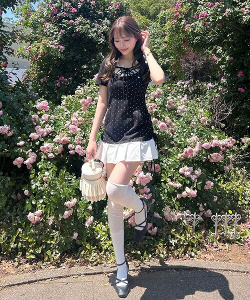 OLIVE des OLIVE（オリーブデオリーブ）の「【インフルエンサー企画/スタイル盛れ◎】keru レイヤード風着痩せミニワンピ（ワンピース・レディース・ベージュ/ピンク/ブラック/ドット/チャコールグレー・FREE）」の17枚目の写真