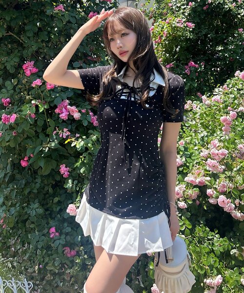 OLIVE des OLIVE（オリーブデオリーブ）の「【インフルエンサー企画/スタイル盛れ◎】keru レイヤード風着痩せミニワンピ（ワンピース・レディース・ベージュ/ピンク/ブラック/ドット/チャコールグレー・FREE）」の18枚目の写真