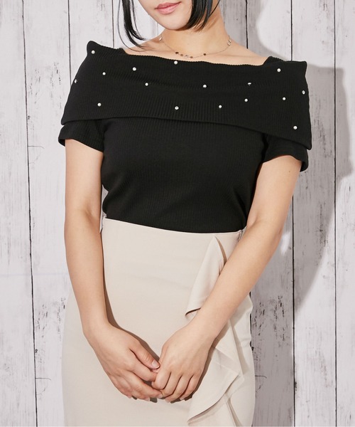 GORGE(ゴージ)の「《オフショル×パール》リブカットソー/フェミニン/春夏/全3色(Tシャツ/カットソー・レディース・ブラック/オフホワイト/グレー・F)」の2枚目の写真