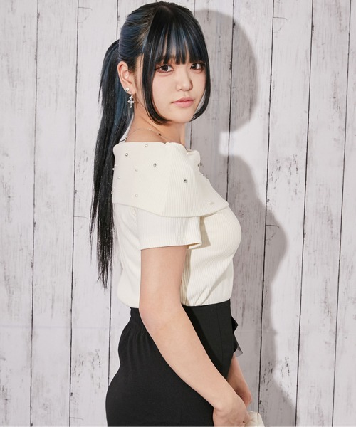 GORGE(ゴージ)の「《オフショル×パール》リブカットソー/フェミニン/春夏/全3色(Tシャツ/カットソー・レディース・ブラック/オフホワイト/グレー・F)」の7枚目の写真