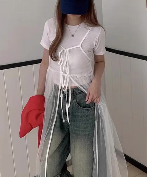 shopnikoniko(ショップニコニコ)の「ワンピース 夏 前後2WAY チュール レイヤードキャミワンピース(ワンピース・レディース・ブラック/ホワイト・フリー)」の1枚目の写真